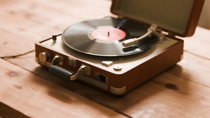 Vintage Record Player with Vinyl Disc on Wooden Surface