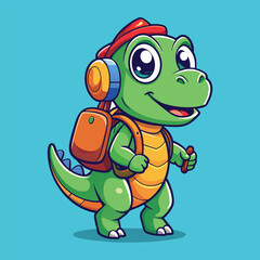 dinosaur enjoys music through a headset while carrying a cute little bag