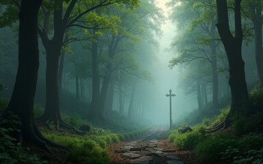 Obraz premium In the heart of an enchanted forest, remnants of an Elven skirmish lay scattered, a silent testament to the eternal struggle between light and dark. High quality