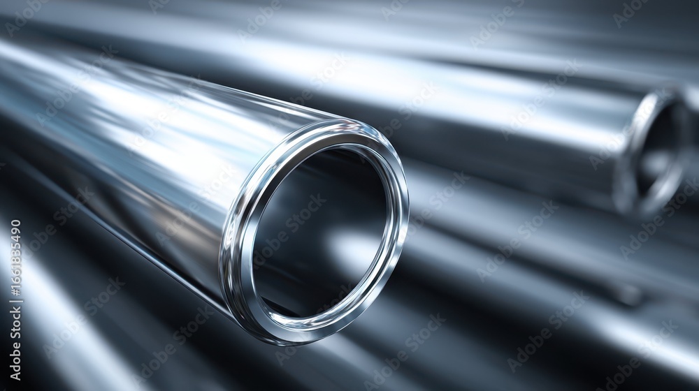 Poster shiny metallic pipeline close-up with smooth reflective surface