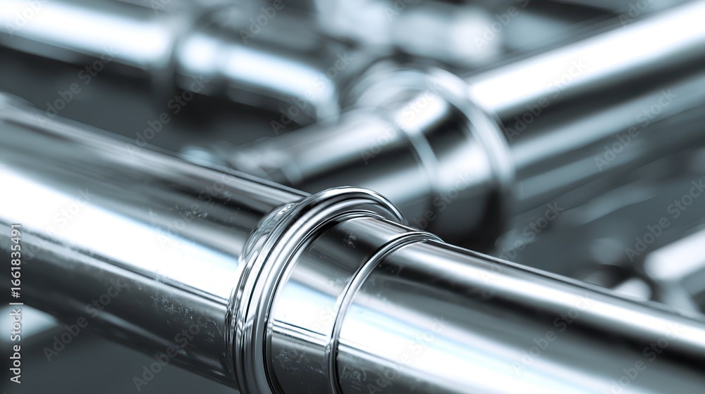 Poster close-up of shiny metallic pipeline with smooth reflective surface