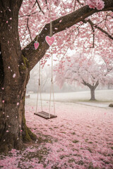 Wooden swing hanging from a cherry blossom tree in full bloom