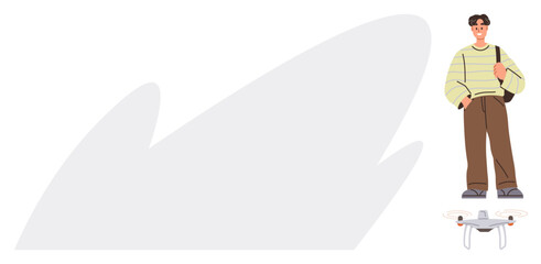 Individual standing near a small drone, wearing casual attire with a bag over the shoulder. Ideal for hobbies, technology, exploration, innovation, youth lifestyle, outdoors, minimal aesthetics