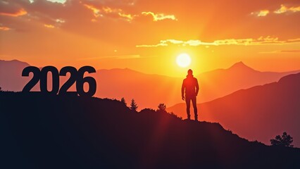 "2026" and Silhouette man in mountains against backdrop of bright colorful sunset. Silhouette of number "2026" on mountain, concept Happy New Year celebration