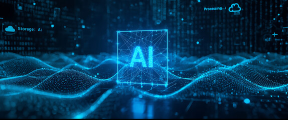 futuristic AI concept with glowing cube, neural network lines, and cloud computing icons