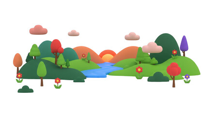 Fototapeta premium Whimsical cartoon landscape with rolling hills, trees, river and fluffy clouds