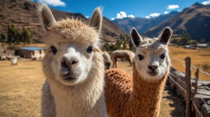 Fototapeta premium Smiling Alpacas in Sunlit Mountain Farm Setting