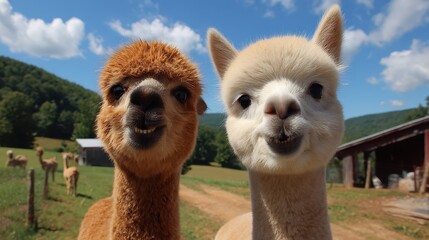 Obraz premium Two Smiling Alpacas on a Sunny Mountain Farm in Arkansas