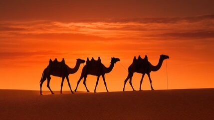 Camels Walking in the Desert at Sunset with a Warm Skyline