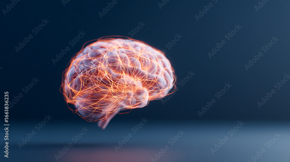 Poster a human brain enveloped by an intricate glowing web of dark tangled lines representing the uncontrol