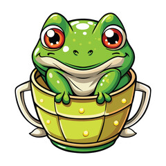 frog soaks comfortably in a cup of green tea, enjoying the warmth