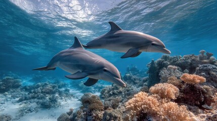 Smiling Dolphins Swimming Under the Sea Among Vibrant Coral Reefs