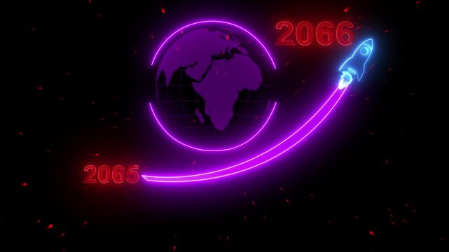2066 concept of new year beginning, happy celebration, festival, new life, growth of business, startup. Businessman shows glowing neon line word of 2066 with rocket icon on black background.