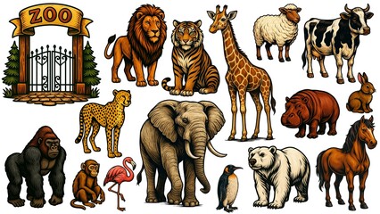 レトロ調動物園にいる動物のイラストセット