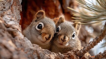 Obraz premium Two Squirrels Smiling Together in a Pine Tree Hollow
