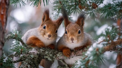 Two Smiling Squirrels on a Pine Tree Branch in Winter Setting