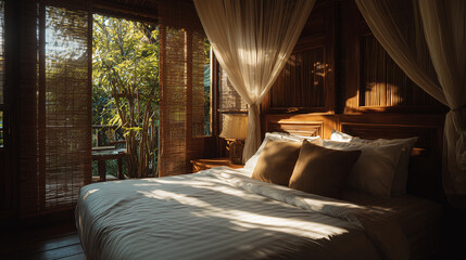 Indochina hotel room with bamboo exotic style and organza curtains