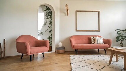 Terra cotta rustic armchair and sofa near the wall with a frame. Scandinavian interior design of a modern living room.