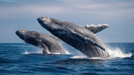 Naklejka premium Majestic Whales Breaching in Crystal Clear Ocean Waters