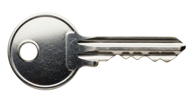 Single metal key against white background