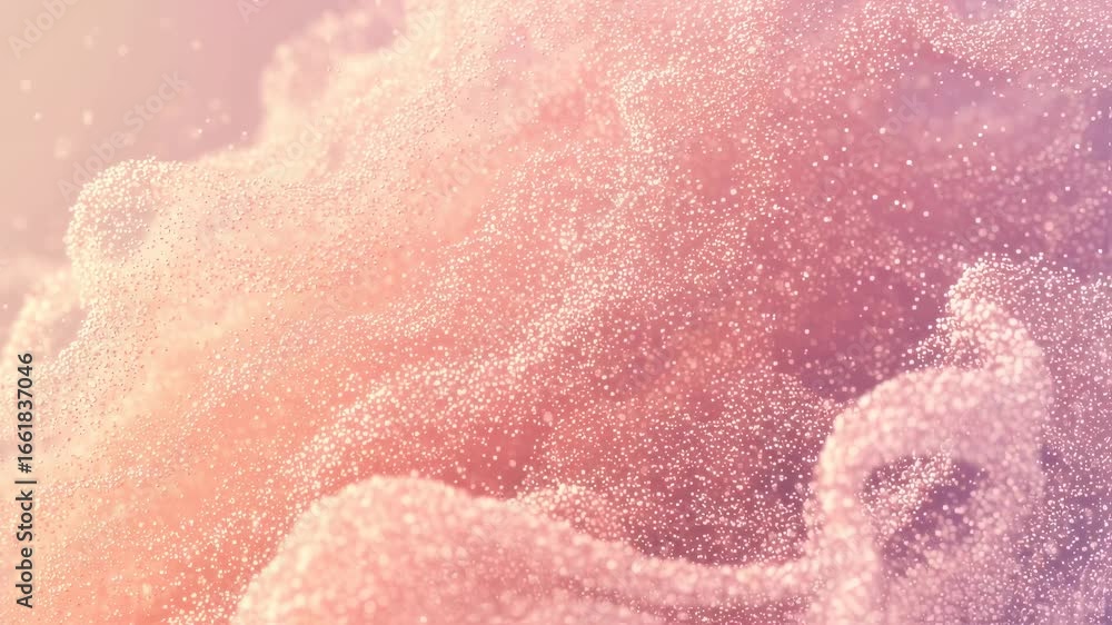 Poster abstract flowing particles with iridescent glow. digital cloud of glitter and light bokeh on pastel 
