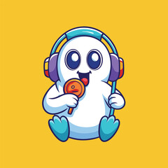 ghost floats while munching a lollipop and listening to music on headphones