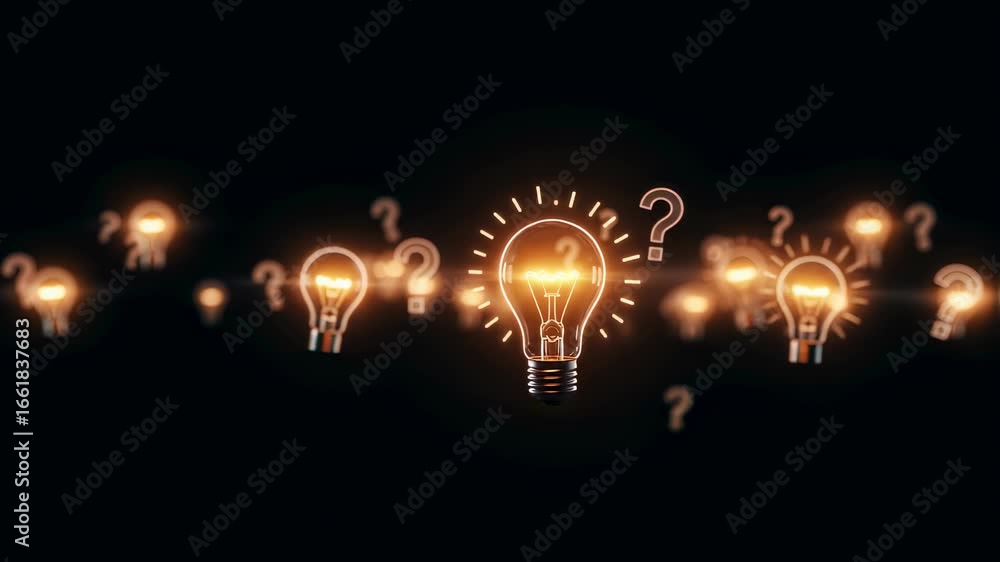 Aufkleber glowing light bulb surrounded by question marks on black background changing with bokeh lights for i