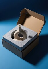 Elegant ceramic vase with narrow neck and round base in open cardboard box ready for delivery or gift presentation on blue background