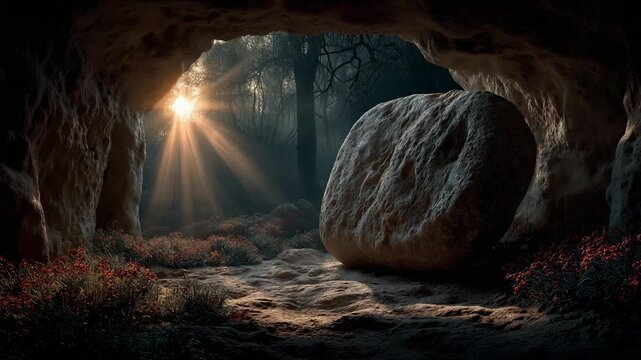 Dramatic sunrise video with rays of light entering an ancient stone tomb cave, dark earthy colors and mystical atmosphere, perfect for Easter visuals, spirituality projects, religious content