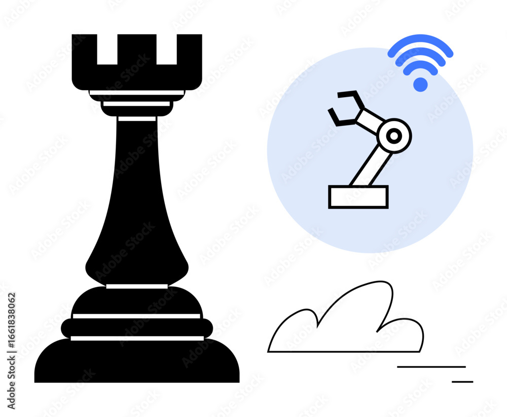 Aufkleber chess rook highlights planning robotic arm and wireless signal represent automation and connectivity