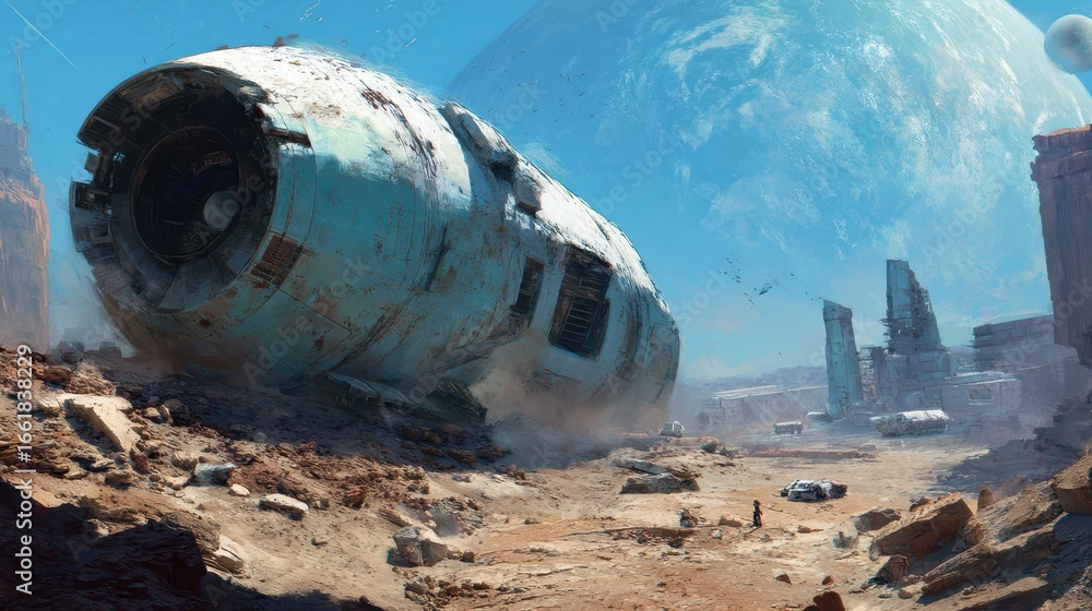 Poster alien spaceship crash site on barren world with distant planet view