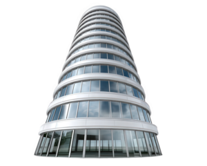 Modern office building with curved glass facade, corporate headquarters, business district, contemporary architecture, urban environment, and reflective windows