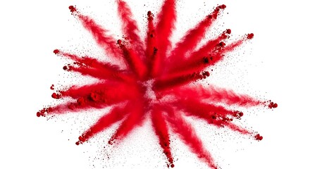 Bright red powder burst creating a star shape with scattered particles on white explosion color