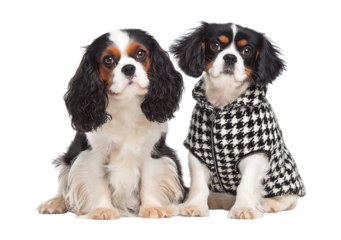 Adorable Cavalier King Charles Spaniel Duo: One in Chic Houndstooth Jacket isolated on a transparent background