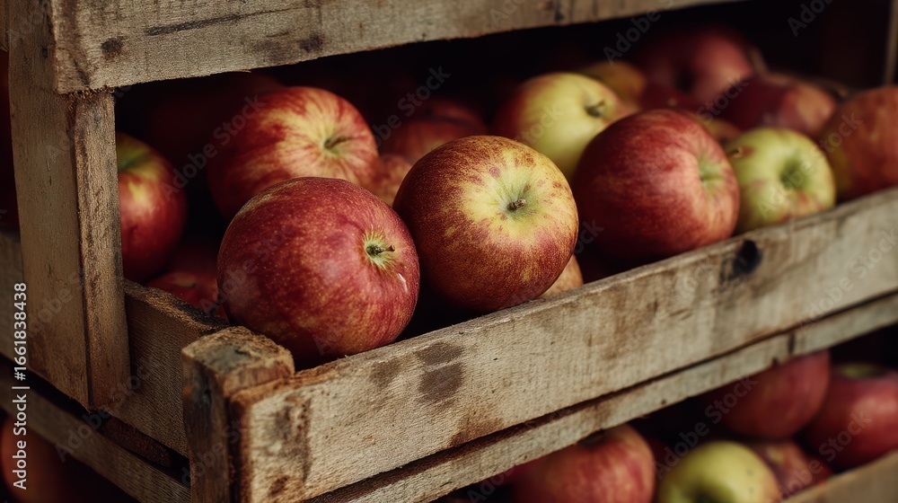 Poster stacked red apples in a rustic wooden crate display