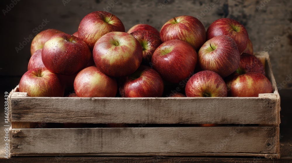 Poster freshly stacked apples in a rustic wooden crate display