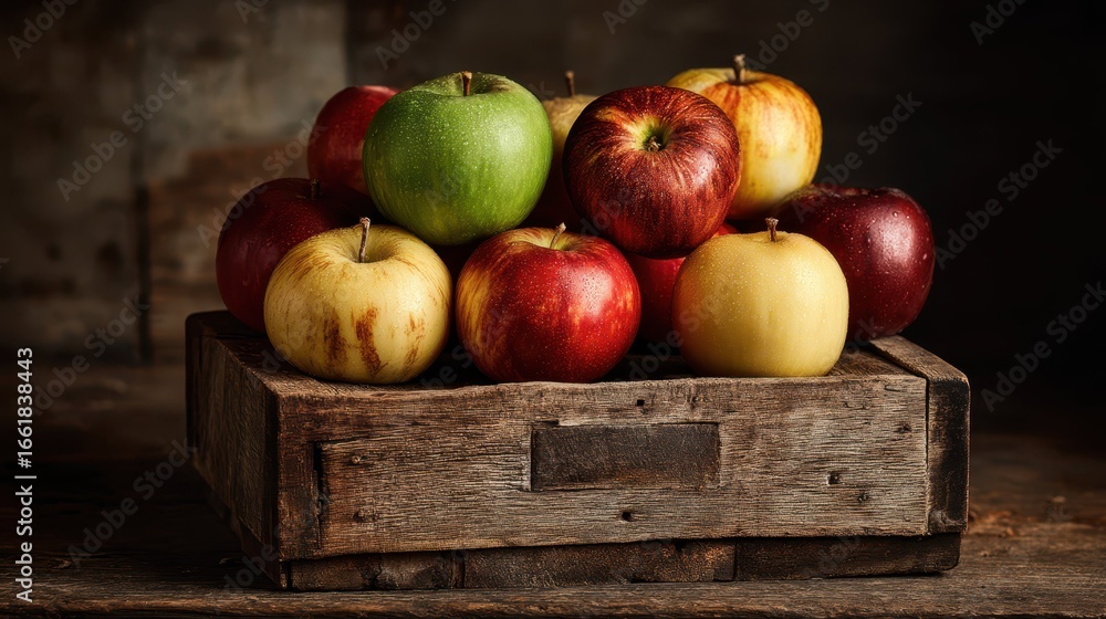 Poster freshly stacked apples in rustic wooden crate on dark background
