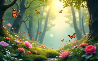 Beautiful fantasy enchanted forest with butterflies, flowers and copy space. Fairy tale outdoor background. AI generative image. High quality