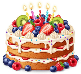 Delicious Birthday Cake with Fruits and Candles on White Background