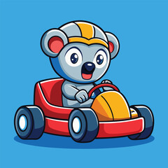 koala speeds down a track in a colorful go-kart, looking thrilled
