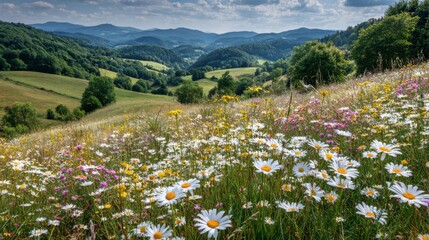 Rolling green hills layered with vibrant daisies and colorful wildflowers, scenic beauty of a blooming countryside meadow