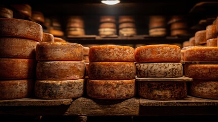 Stacked Cheese Wheels in a Dimly Lit Cellar with Rustic Shelving