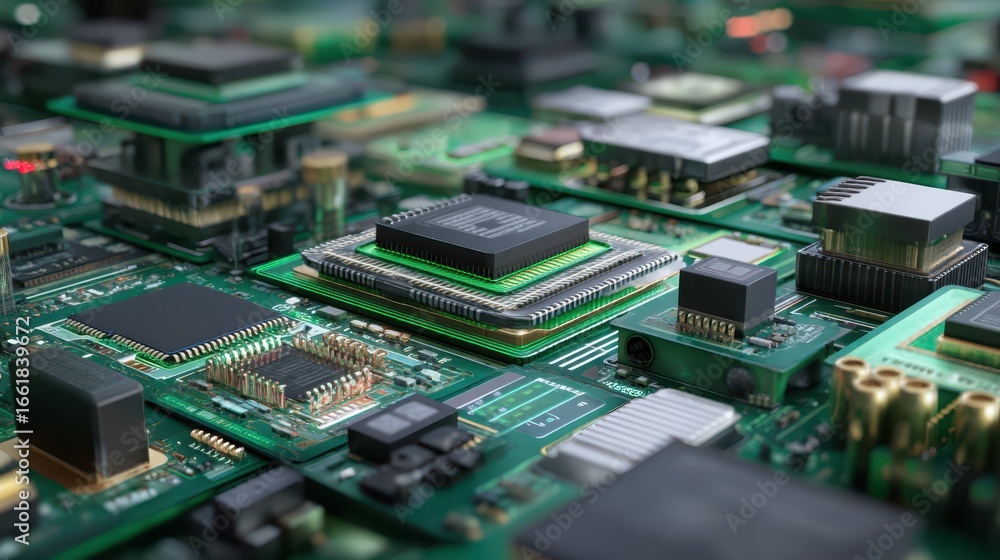 Poster close-up view of stacked circuit boards with green tech background