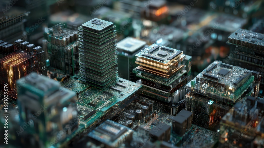 Poster stacked circuit boards in a high-tech background overview