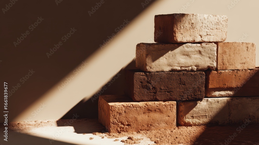 Poster stacked clay bricks with dramatic shadows on a simple background