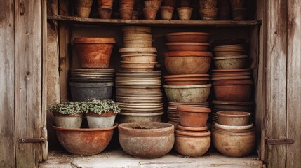 Stacked Clay Pots in a Rustic Garden Shed Storage Space