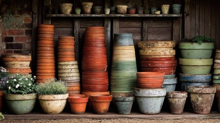 Fototapeta premium Stacked Clay Pots in a Rustic Garden Shed Arrangement