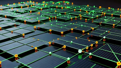 Grid of solar panels connected with green glowing network nodes showing renewable energy digital connections - Powered by Adobe