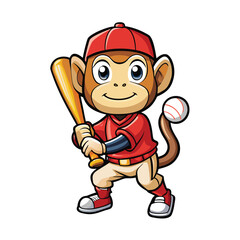 Energetic cartoon monkey swings a baseball bat, ready to hit the ball in playful action