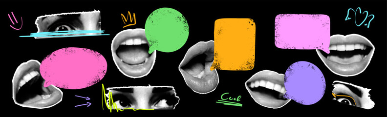 Vibrant retro collage of cut out lips and eyes with halftone effect and torn paper texture. Speech bubbles of different colors and textures, hand-drawn doodles emphasize the lively visual style.